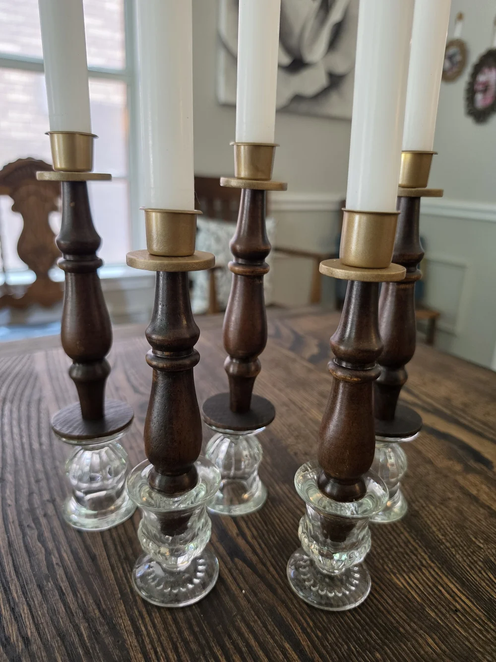 Set of 5 taper candlestick holders with turned wood stems, gold-tone brass cups